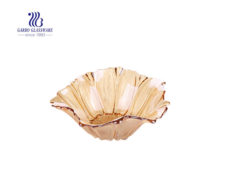 popular middle size 7 inches feather design glass fruit bowl with ion plating amber color