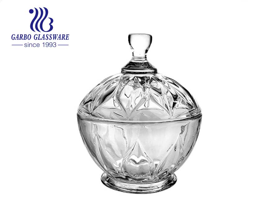 4.13inch footed clear glass candy jar with lid and leaf design as gift 