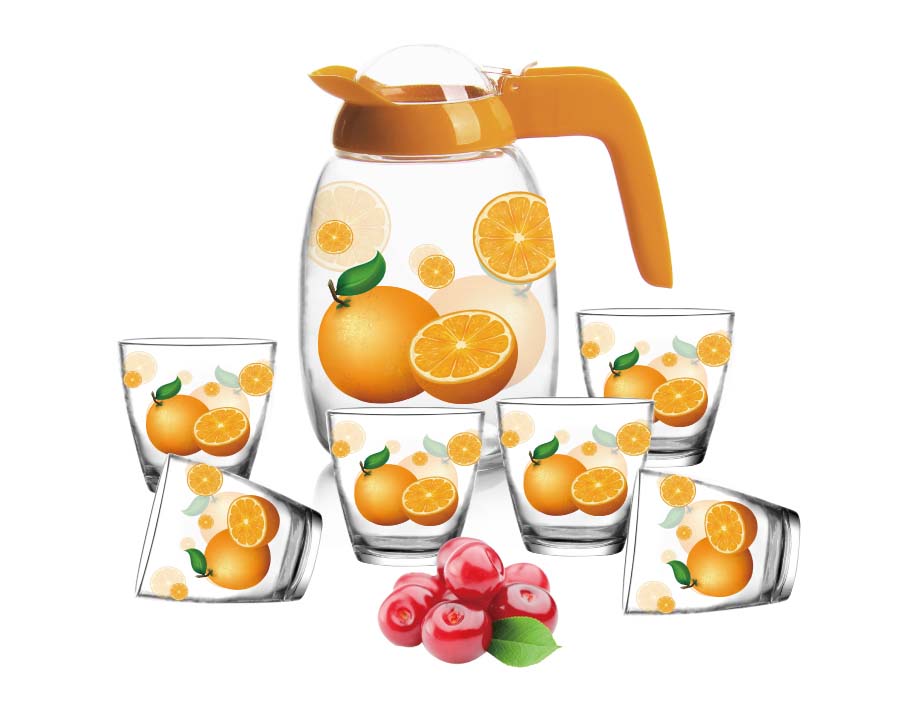 7 PCS  orange big capacity glass water drinking jug set with cute orange pattern from China factory