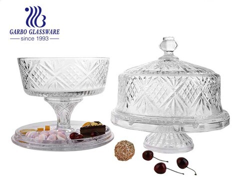 6 in 1 Engraved Dublin crystal cut glass cake plate with dome cover multiple use for candy, fruit, soup