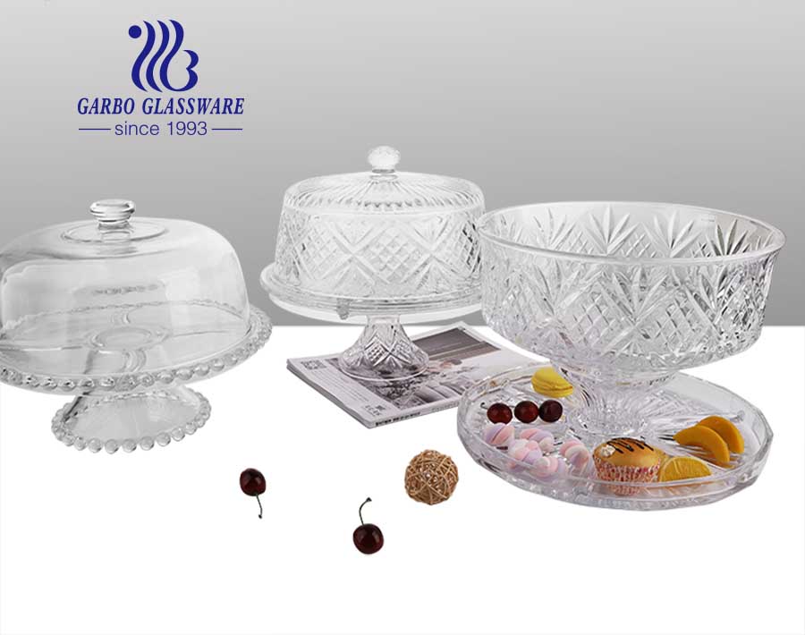 6 in 1 Engraved Dublin crystal cut glass cake plate with dome cover multiple use for candy, fruit, soup