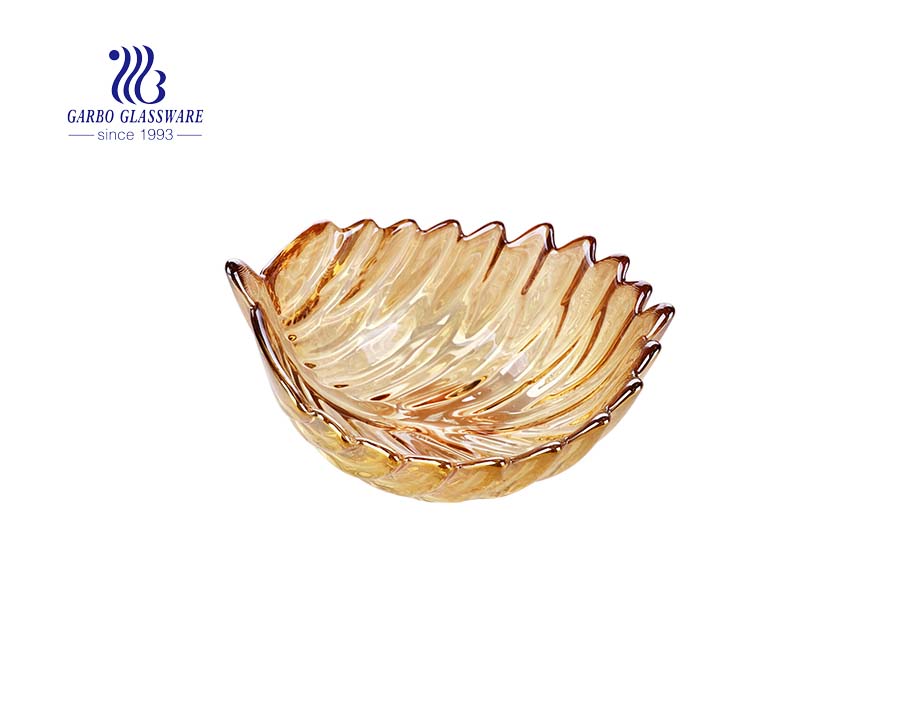 popular middle size 7 inches feather design glass fruit bowl with ion plating amber color