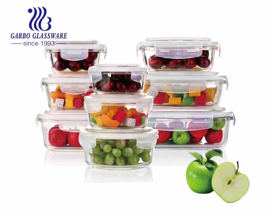 Set of 9pcs glass food containers set with round square and rectangular shape
