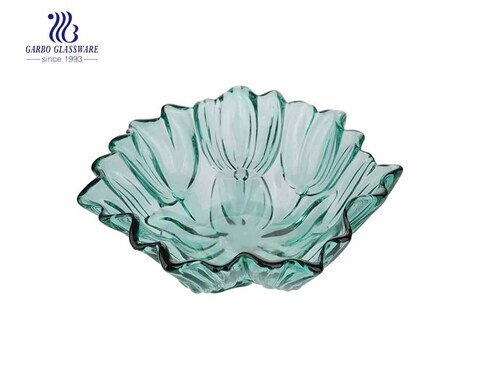 Large 11-inch solid color glass salad fruit bowl with green lotus pattern