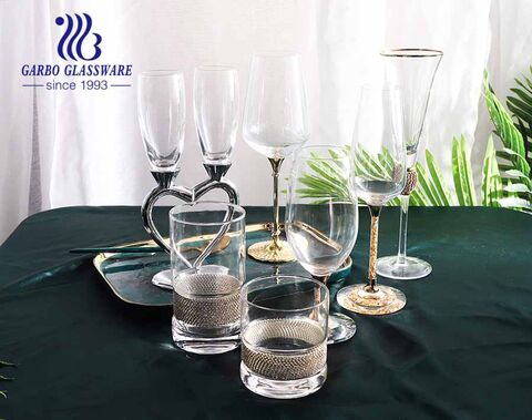 Royal style luxurious glass goblet with metal diamond stem good gift for wedding party