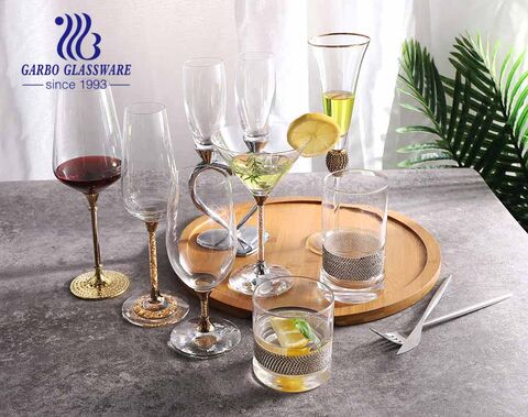 Royal style luxurious glass goblet with metal diamond stem good gift for wedding party