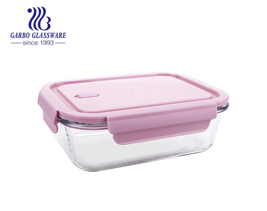 Capacity of 800ml square kitchen glass lunch box with silicone pink lid