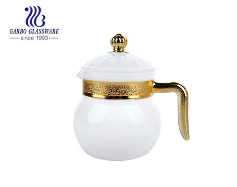 1L white opal glass tea pot with golden electroplated 