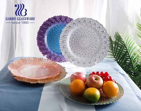 13 inch colored peacock design glass charger plates at dinner time