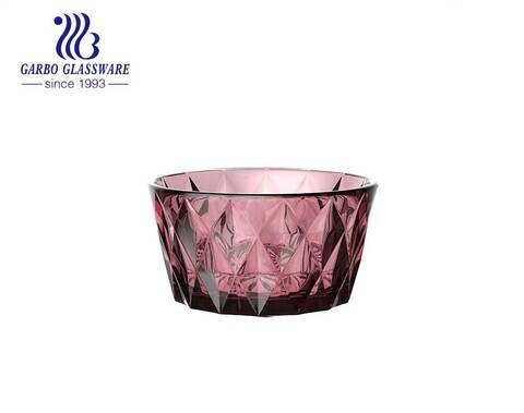 Frutero de ensalada de vidrio de color fucsia transparente de alta gama con diseño de patrón de diamante en relieve de fábrica