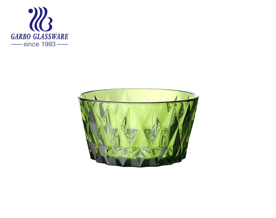 High-end transparent fuchsia-colored glass salad fruit bowl with embossed diamond pattern design from factory