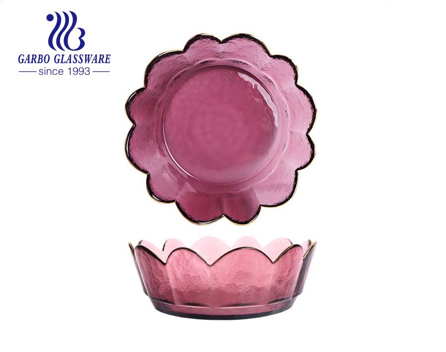 طبق سلطة فواكه زجاجي شفاف عالي الجودة بلون الفوشيا مع تصميم بنمط ماسي منقوش من المصنع