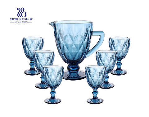 7 PCS Crystal blue high-end vintage glass water drinking jug set with goblet for wine beverage good decor on table