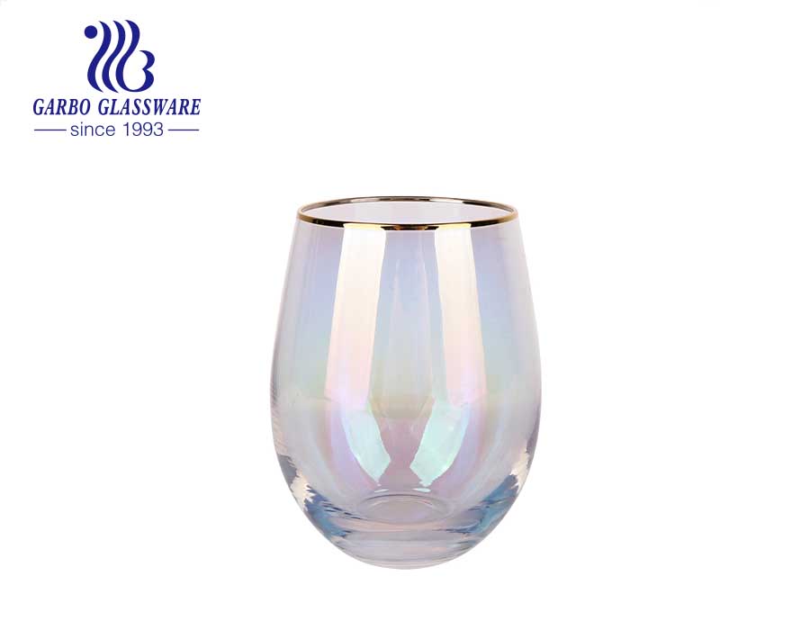 Handmade blown luxury high end iridescent glass tumbler with gold rim