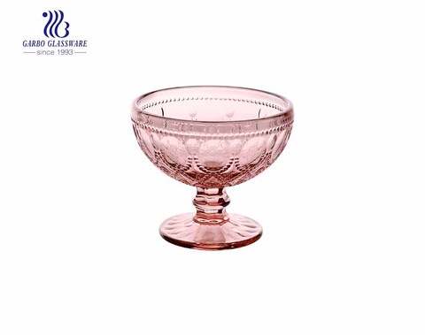 11oz Pink Color Footed  Special Necklace Design Solid Glass Cup Ice Cream Dessert Glass Bowl 