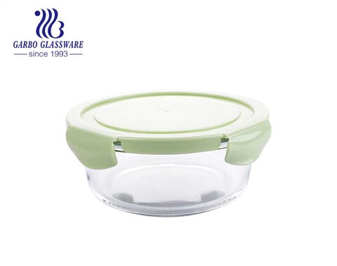 Airtight Glass food containers 1L round meat lunch box with silicone lid