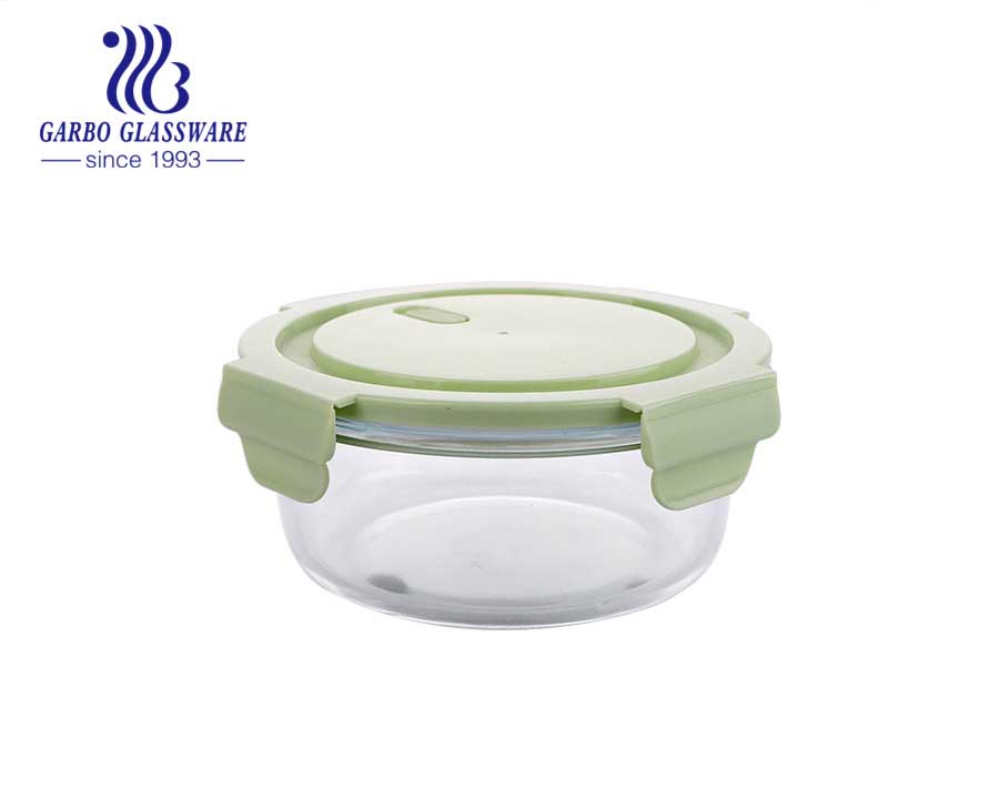 Airtight Glass food containers 1L round meat lunch box with silicone lid