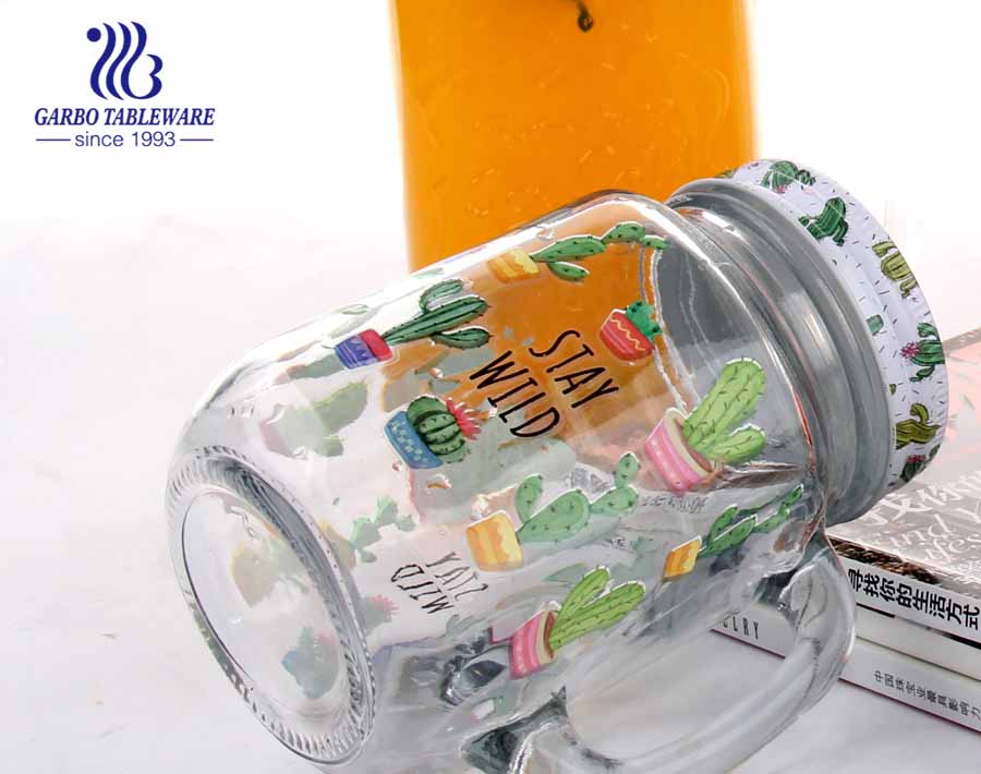 Customized print 17oz gallon mason jar glasses mug with handle and screw cap