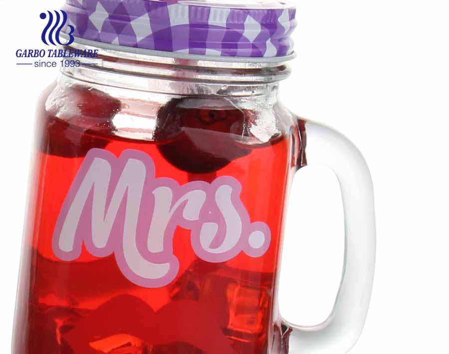 Customized print 17oz gallon mason jar glasses mug with handle and screw cap