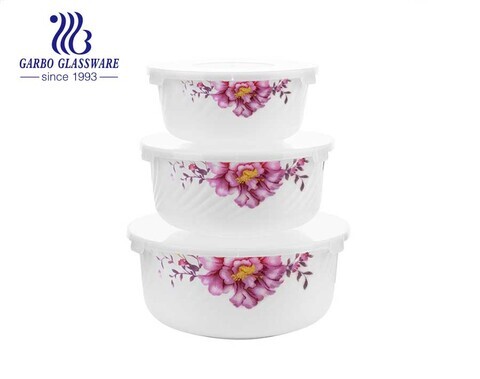 Set of 3PCS White opal tempered glass bowl set with customize flower designs