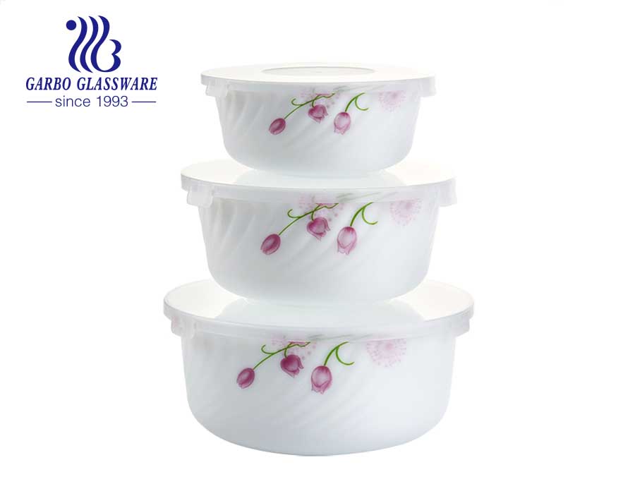 Set of 3PCS White opal tempered glass bowl set with customize flower designs