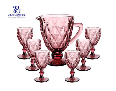 7 PCS vintage style pink glass water drinking jug set with engraved pattern classical jug set with goblet cup for wine beverage