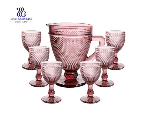 7 PCS Vintage Stil rosa Glas Wassertrinkkrug mit graviertem Muster klassischer Krug Set mit Becher Tasse für Weingetränke