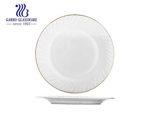 Assiettes à dîner rondes en verre opale blanc de 10 pouces avec bordure dorée