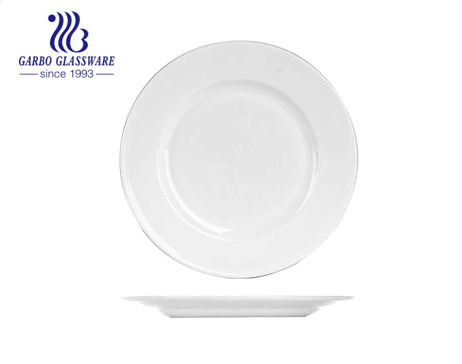 Assiettes à dîner rondes en verre opale blanc de 10 pouces avec bordure dorée