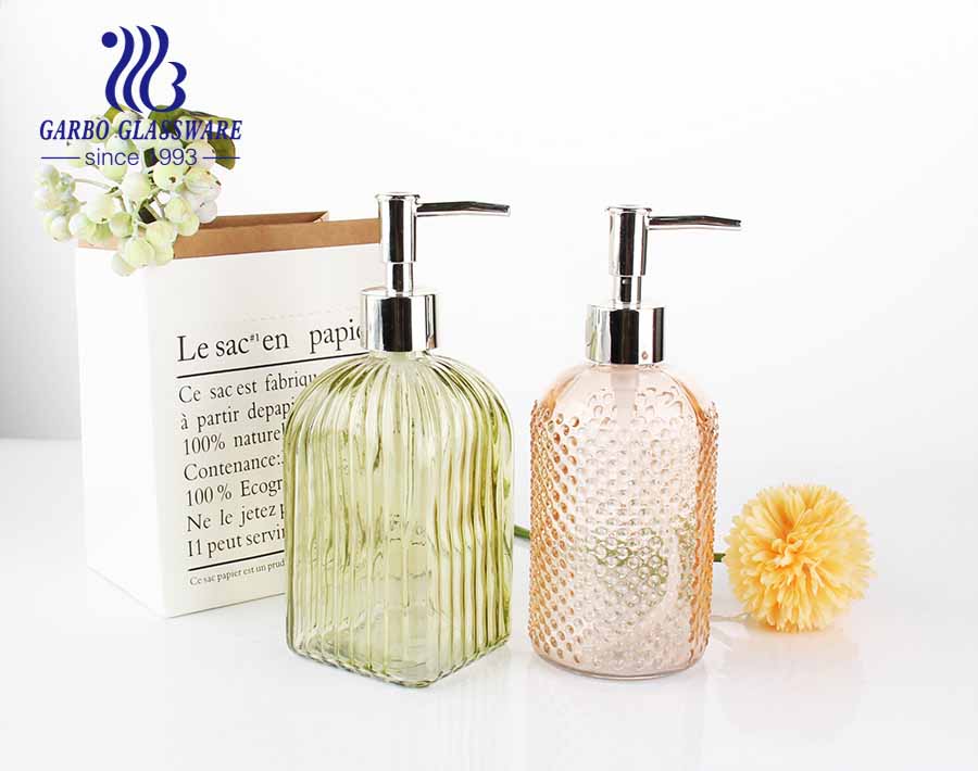 13oz Green color decorative glass liquid soap or lotion dispenser with spigot 357ml