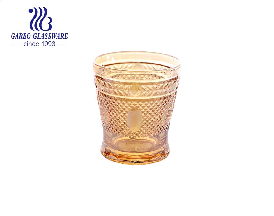 Great discount in stock 9oz engraved golden glass cup with unfading electroplating color