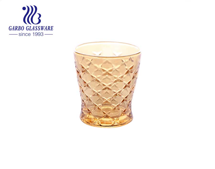 Great discount in stock 9oz engraved golden glass cup with unfading electroplating color