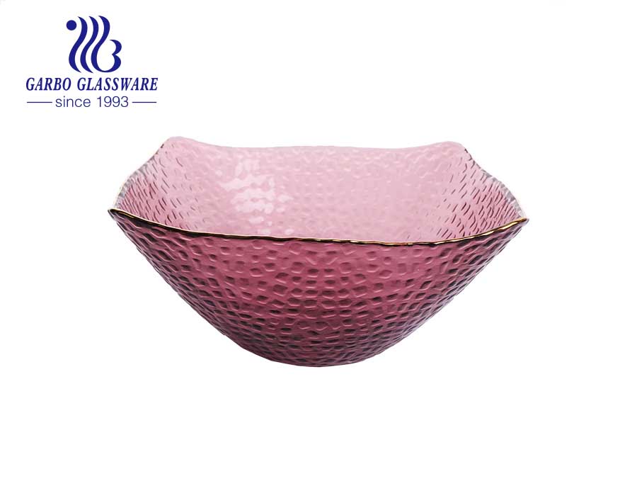 Hot sale solid color fuchsia golden rim hammer pattern square glass bowl with wave edge