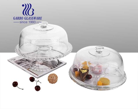 Assiette à gâteau en verre de 11 pouces avec couvercle en dôme Bol à fruits multifonctionnel 6 en 1