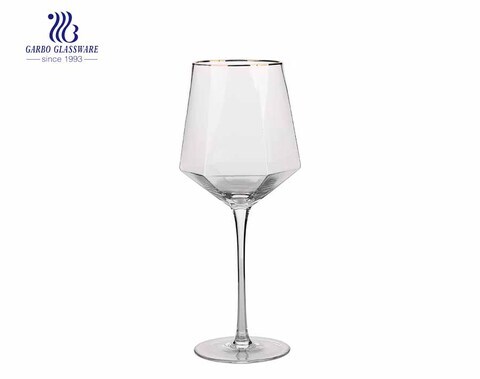 Polygon wine glass peculiar clear elegant stemware glass wine glass with golden rim 