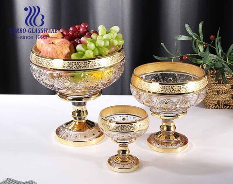 Mid-east design gold plating sunflower carved pattern glass fruit bowl set with tall foot