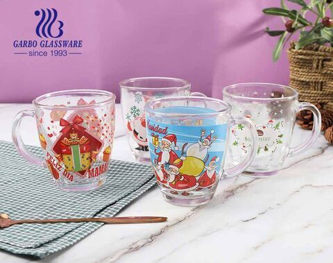 360ml Christmas Glass Mugs Customized Decal Glasses Tea Coffee Cups With Handle 