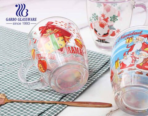 360ml Christmas Glass Mugs Customized Decal Glasses Tea Coffee Cups With Handle 