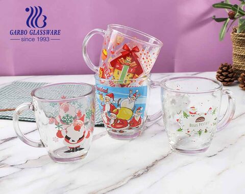 360ml Christmas Glass Mugs Customized Decal Glasses Tea Coffee Cups With Handle 