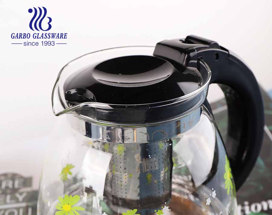 Microwave Safe Glass Teapot Gift Flower Decal Glass Tea Pot with Infuser