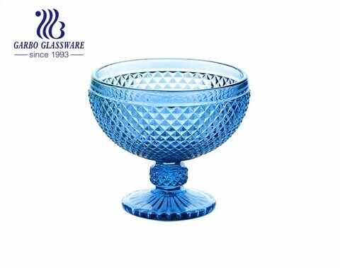 Coupe à dessert en verre de verre à pied de couleur bleue bol de crème glacée 14 onces