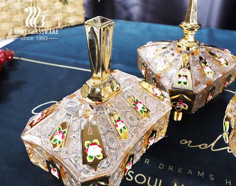 Wholesale Uzbekistan elegant golden plated and flower three feet glass candy jar with lid on pedestal 