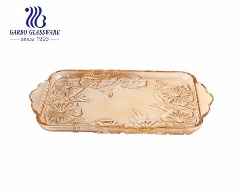 Rectangular-shape Ion Plating Amber Color Glass Fruit Plate with Diamond Pattern
