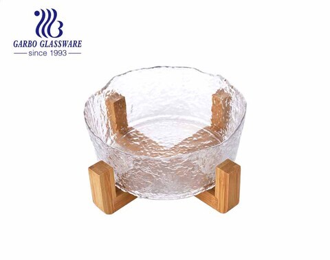 Simple Design 7-inch Handmade Glass Fruit Bowl with Wooden Stand