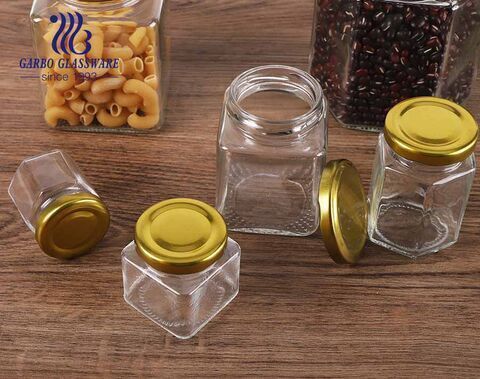 Frascos de almacenamiento de vidrio hexagonal de bote de cocina de vidrio de 300 ml con tapas