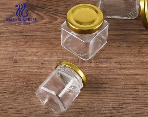 Frascos de almacenamiento de vidrio hexagonal de bote de cocina de vidrio de 300 ml con tapas