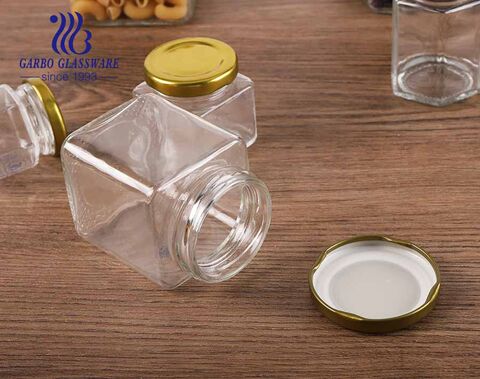 Frascos de almacenamiento de vidrio hexagonal de bote de cocina de vidrio de 300 ml con tapas