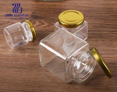 Frascos de almacenamiento de vidrio hexagonal de bote de cocina de vidrio de 300 ml con tapas