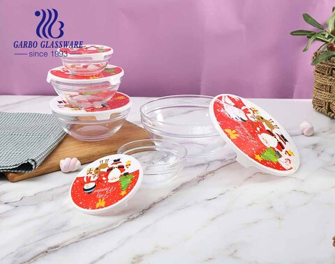 China design 5 pcs Christmas promotional glass food bowl set with red lid and Christmas festival ingredient