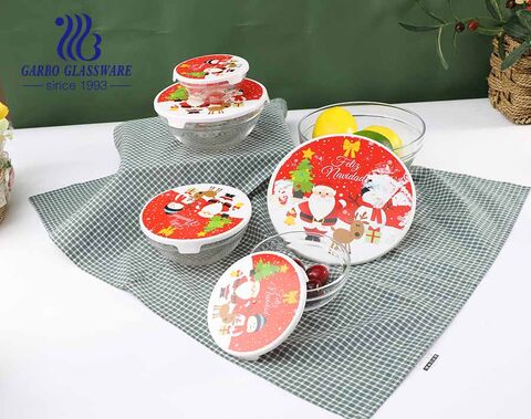 China Design 5 Stück Weihnachtswerbung Glas Food Bowl Set mit rotem Deckel und Weihnachtsfest Zutat